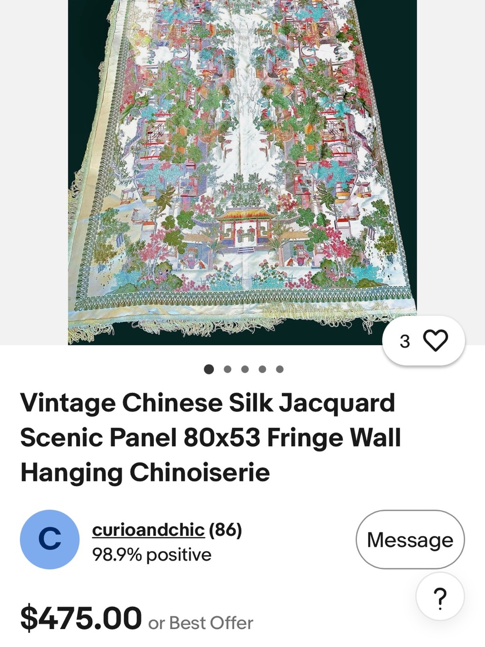 Vintage Chinoiserie Silk Scenic Wall Hanging in Multicolor